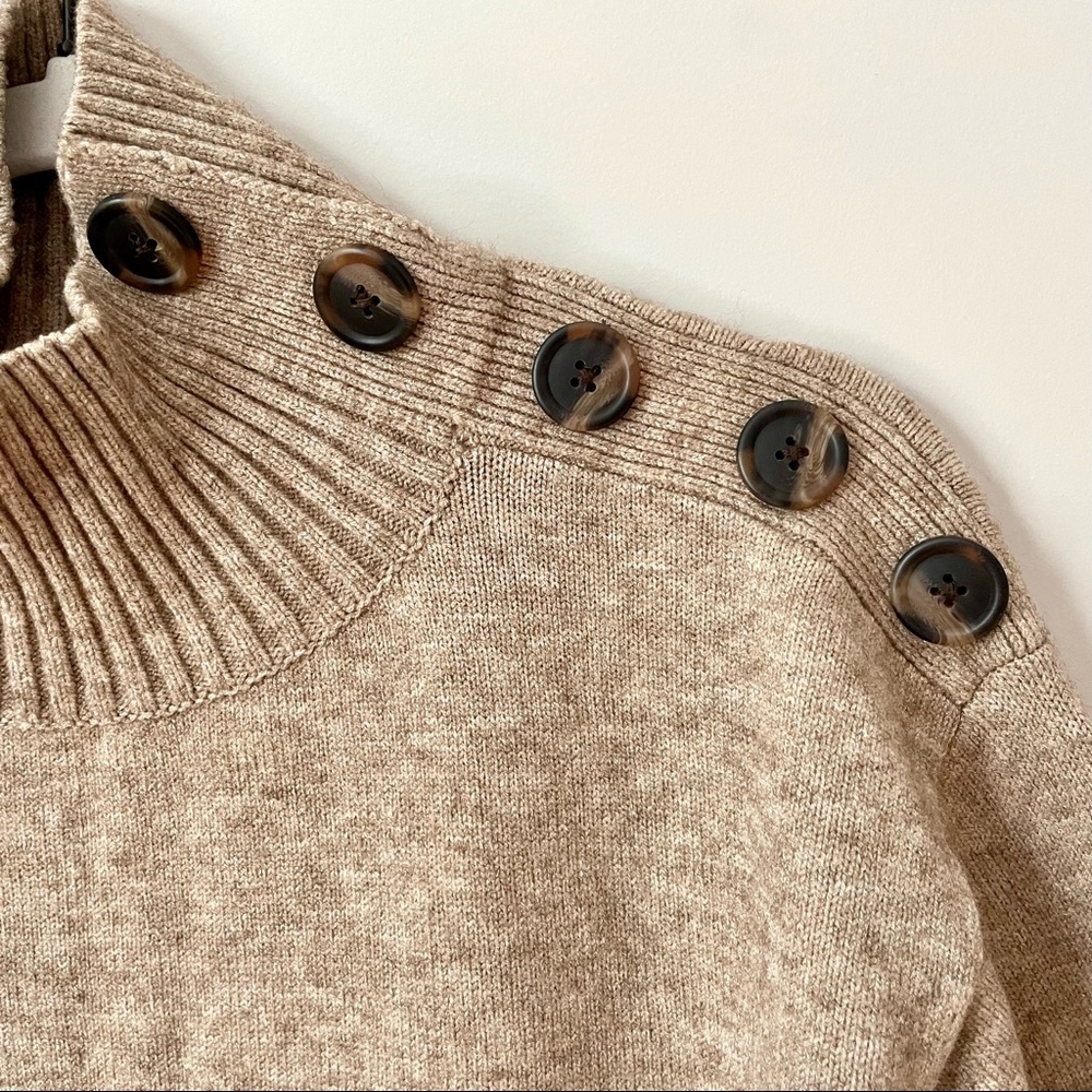 Womens Button-Shoulder Rib Mock Neck Sweater - Beige
